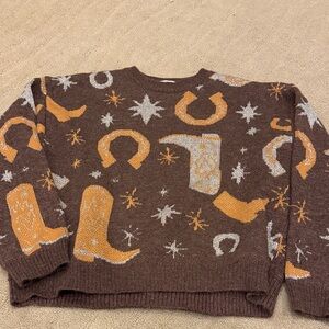 Brown Sweater with Western Motif